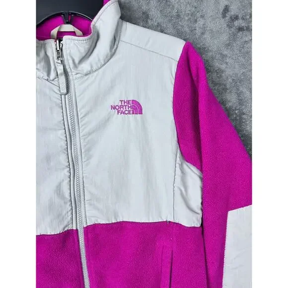 North Face Denali Jacket Girls Large Fuchsia Fleece Gray Polartec Full Zip